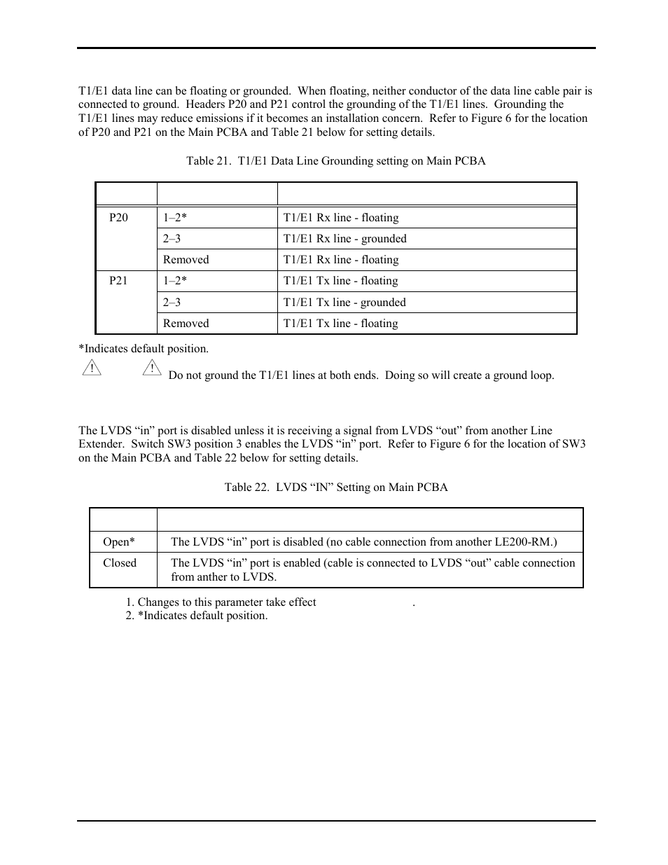 T1/e1 data line grounding, Lvds data link settings | GAI-Tronics LE200-RM Rack-Mount Page/Party Line Extender User Manual | Page 23 / 59