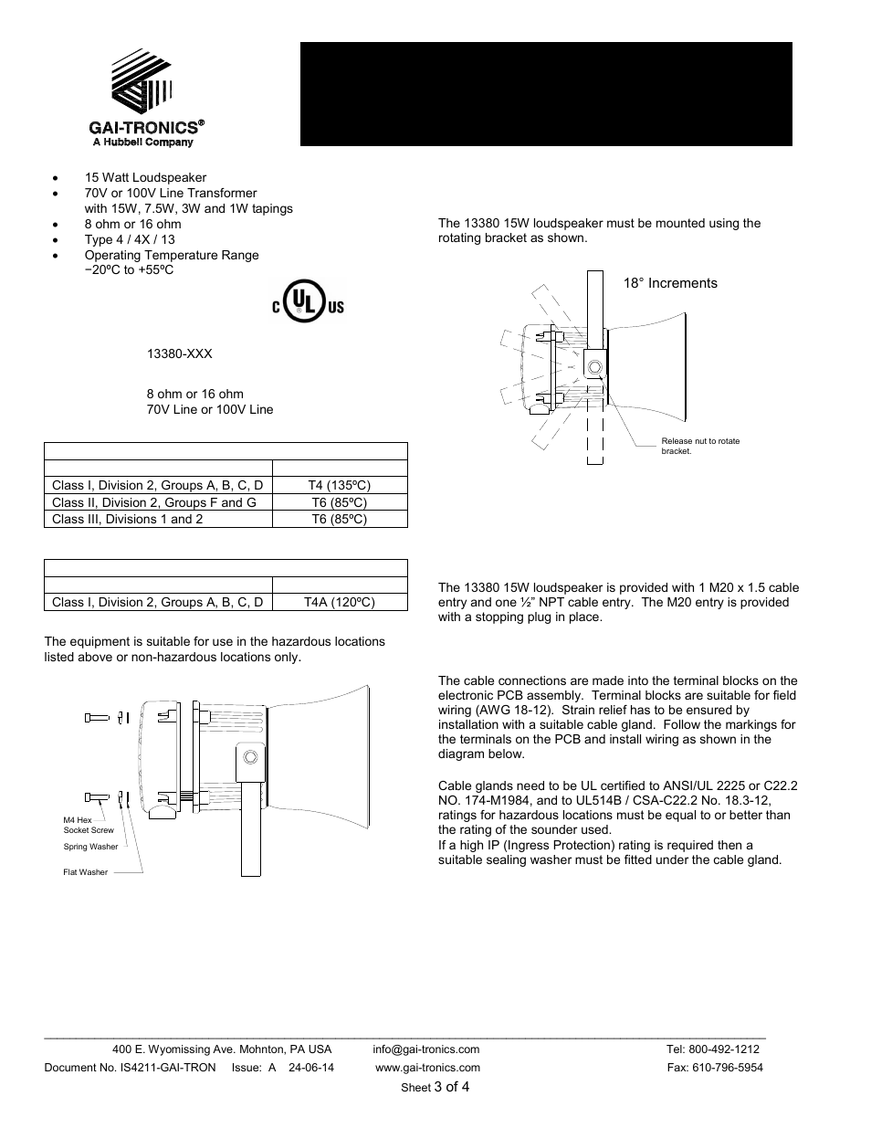 Specifications, Unit type no. 13380-xxx, Impedance | Max. operating temperature / code at +55ºc ambient, Max. operating temperature / code at +40ºc ambient, Mounting, Wiring installation, Instruction & service manual | GAI-Tronics 13380-xxx Series 13380-xxx Series Loudspeakers Instruction and Service Manual User Manual | Page 3 / 4