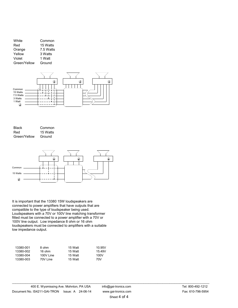 100v and 70v loudspeakers, 8 ohm and 16 ohm loudspeakers, Power amplifier selection | 4 of 4 | GAI-Tronics 13380-xxx Series 13380-xxx Series Loudspeakers Instruction and Service Manual User Manual | Page 4 / 4