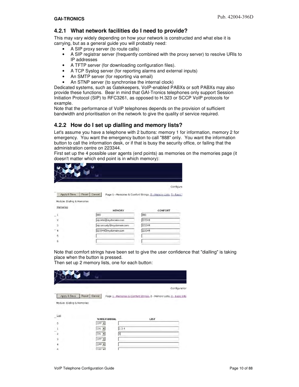 1 what network facilities do i need to provide, 2 how do i set up dialling and memory lists | GAI-Tronics VoIP Telephone Software Configuration Guide User Manual | Page 10 / 88