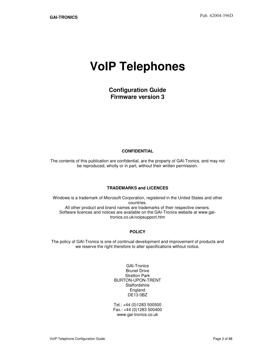 Voip telephones, Configuration guide firmware version 3 | GAI-Tronics VoIP Telephone Software Configuration Guide User Manual | Page 2 / 88