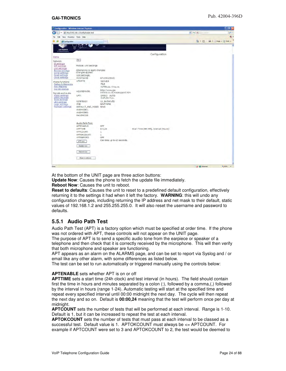 1 audio path test | GAI-Tronics VoIP Telephone Software Configuration Guide User Manual | Page 24 / 88