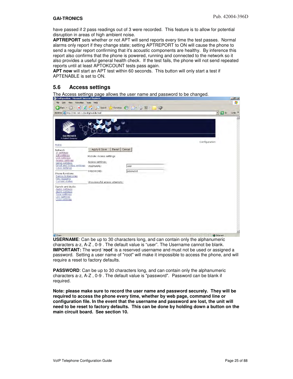 6 access settings | GAI-Tronics VoIP Telephone Software Configuration Guide User Manual | Page 25 / 88