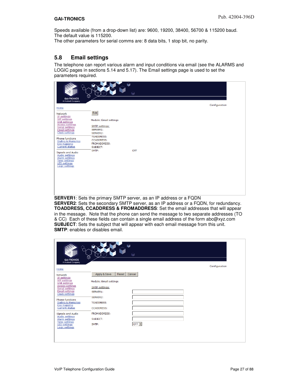 8 email settings | GAI-Tronics VoIP Telephone Software Configuration Guide User Manual | Page 27 / 88