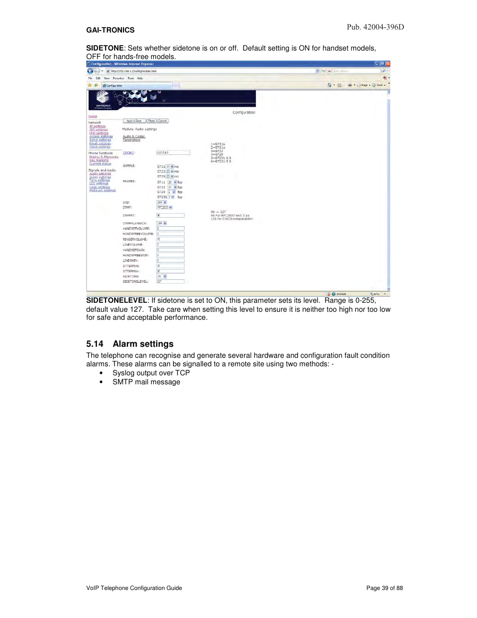 14 alarm settings | GAI-Tronics VoIP Telephone Software Configuration Guide User Manual | Page 39 / 88