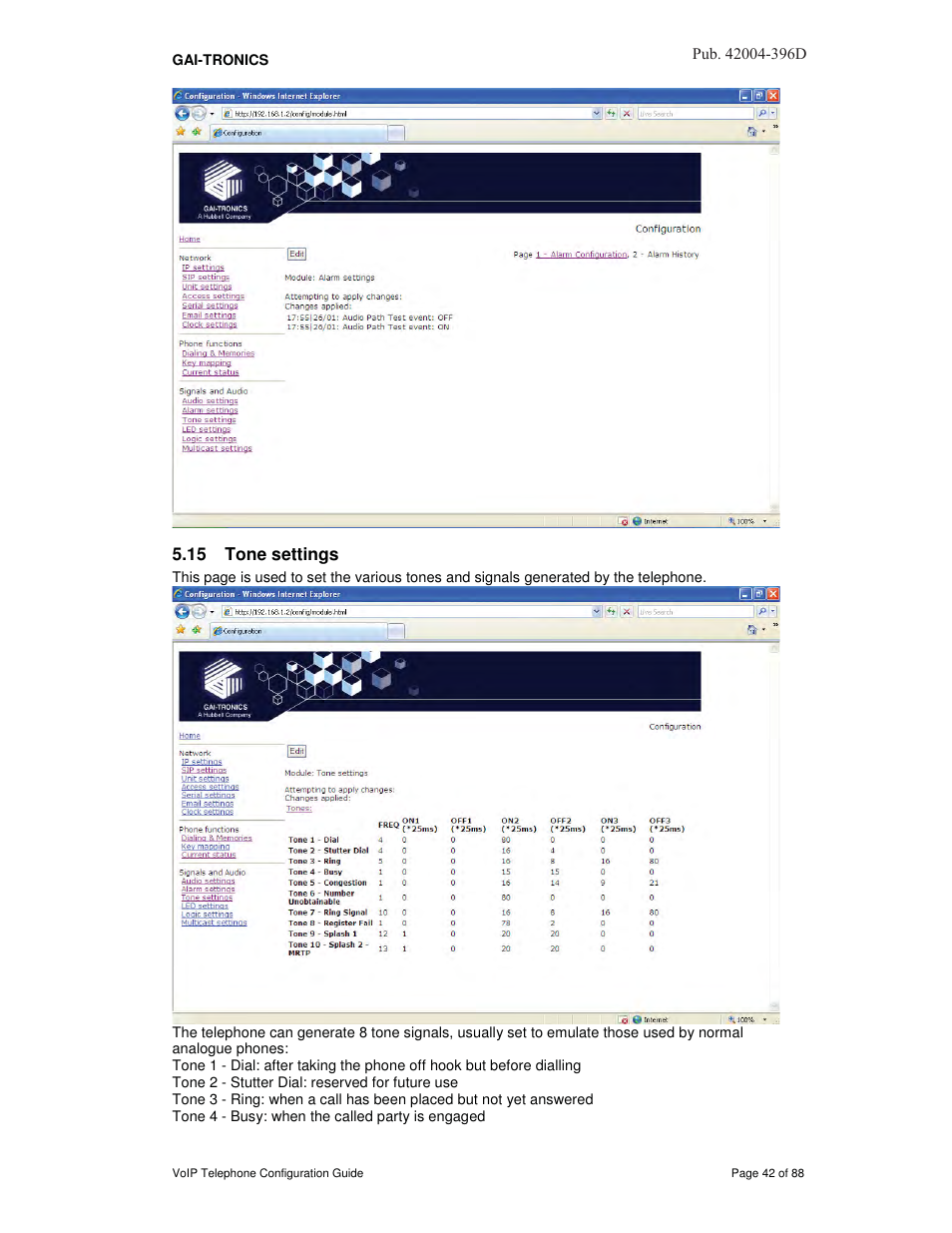 15 tone settings | GAI-Tronics VoIP Telephone Software Configuration Guide User Manual | Page 42 / 88