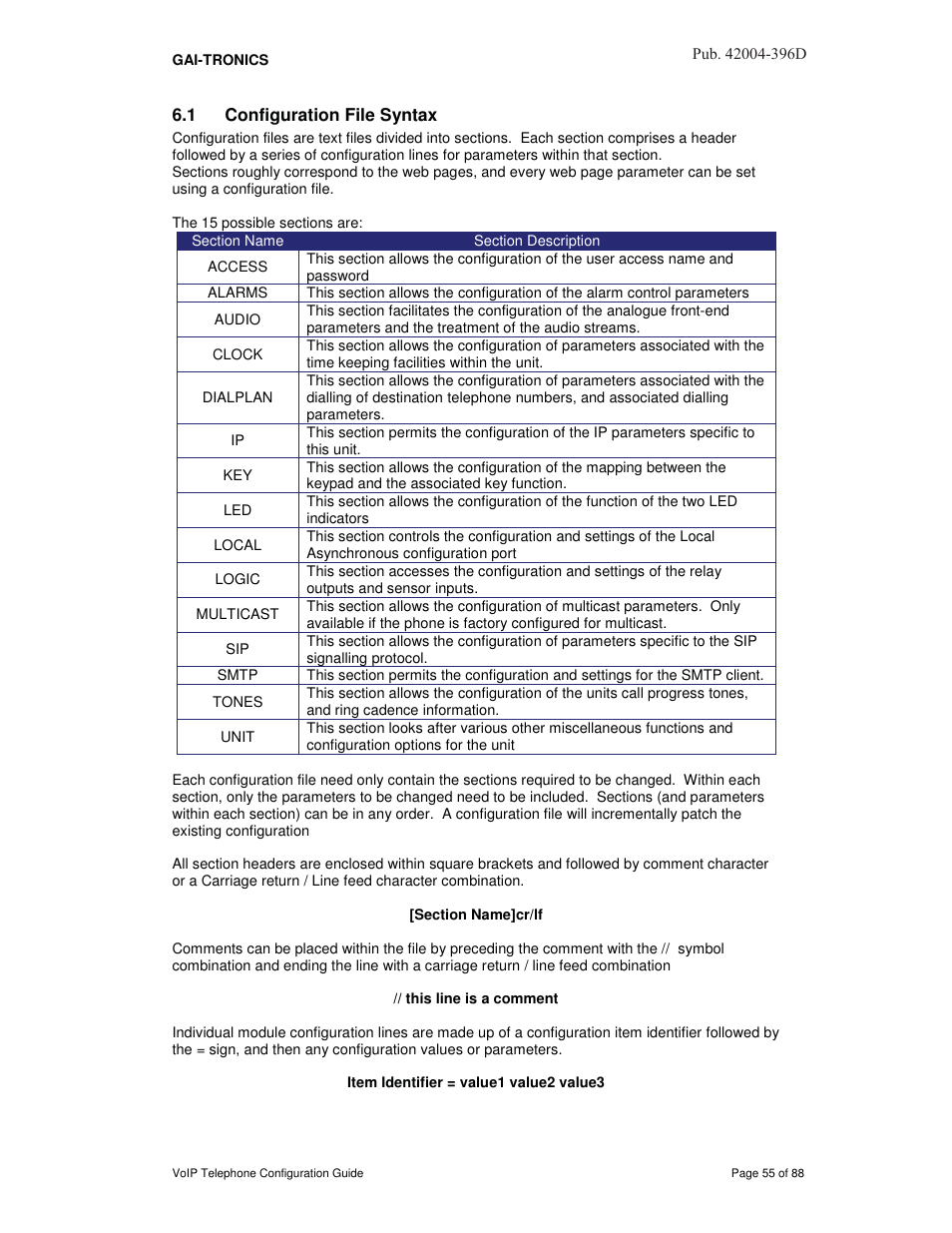1 configuration file syntax | GAI-Tronics VoIP Telephone Software Configuration Guide User Manual | Page 55 / 88