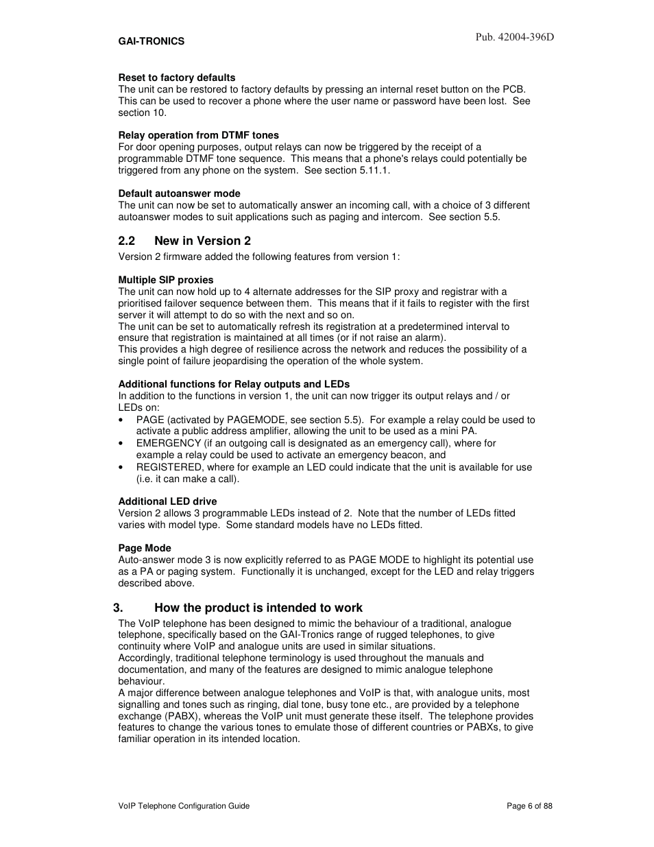 2 new in version 2, Multiple sip proxies, Additional functions for relay outputs and leds | Additional led drive, How the product is intended to work | GAI-Tronics VoIP Telephone Software Configuration Guide User Manual | Page 6 / 88