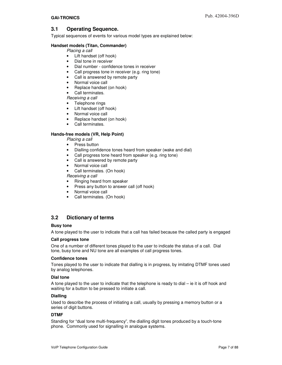 1 operating sequence, Handset models (titan, commander), Hands-free models (vr, help point) | 2 dictionary of terms, Busy tone, Call progress tone, Confidence tones, Dial tone, Dialling, Dtmf | GAI-Tronics VoIP Telephone Software Configuration Guide User Manual | Page 7 / 88