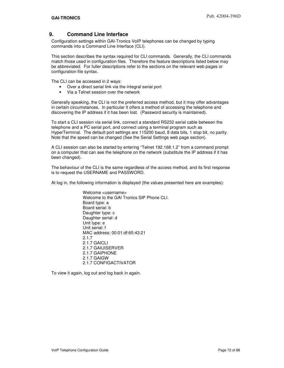 Command line interface | GAI-Tronics VoIP Telephone Software Configuration Guide User Manual | Page 72 / 88