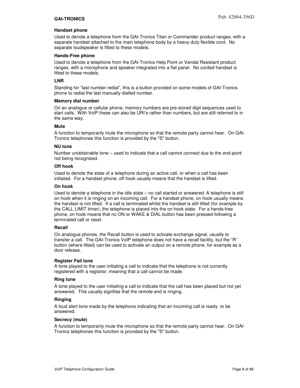 Handset phone, Hands-free phone, Memory dial number | Mute, Nu tone, Off hook, On hook, Recall, Register fail tone, Ring tone | GAI-Tronics VoIP Telephone Software Configuration Guide User Manual | Page 8 / 88