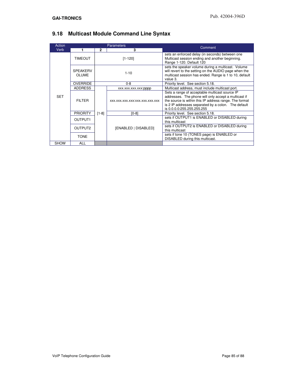 18 multicast module command line syntax, 3xe d | GAI-Tronics VoIP Telephone Software Configuration Guide User Manual | Page 85 / 88