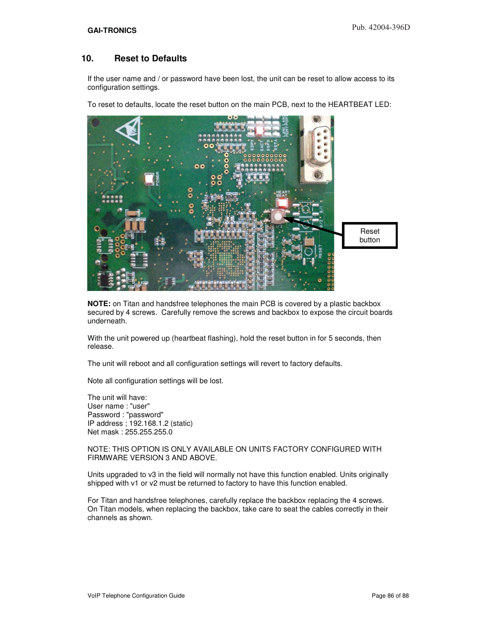 Reset to defaults | GAI-Tronics VoIP Telephone Software Configuration Guide User Manual | Page 86 / 88