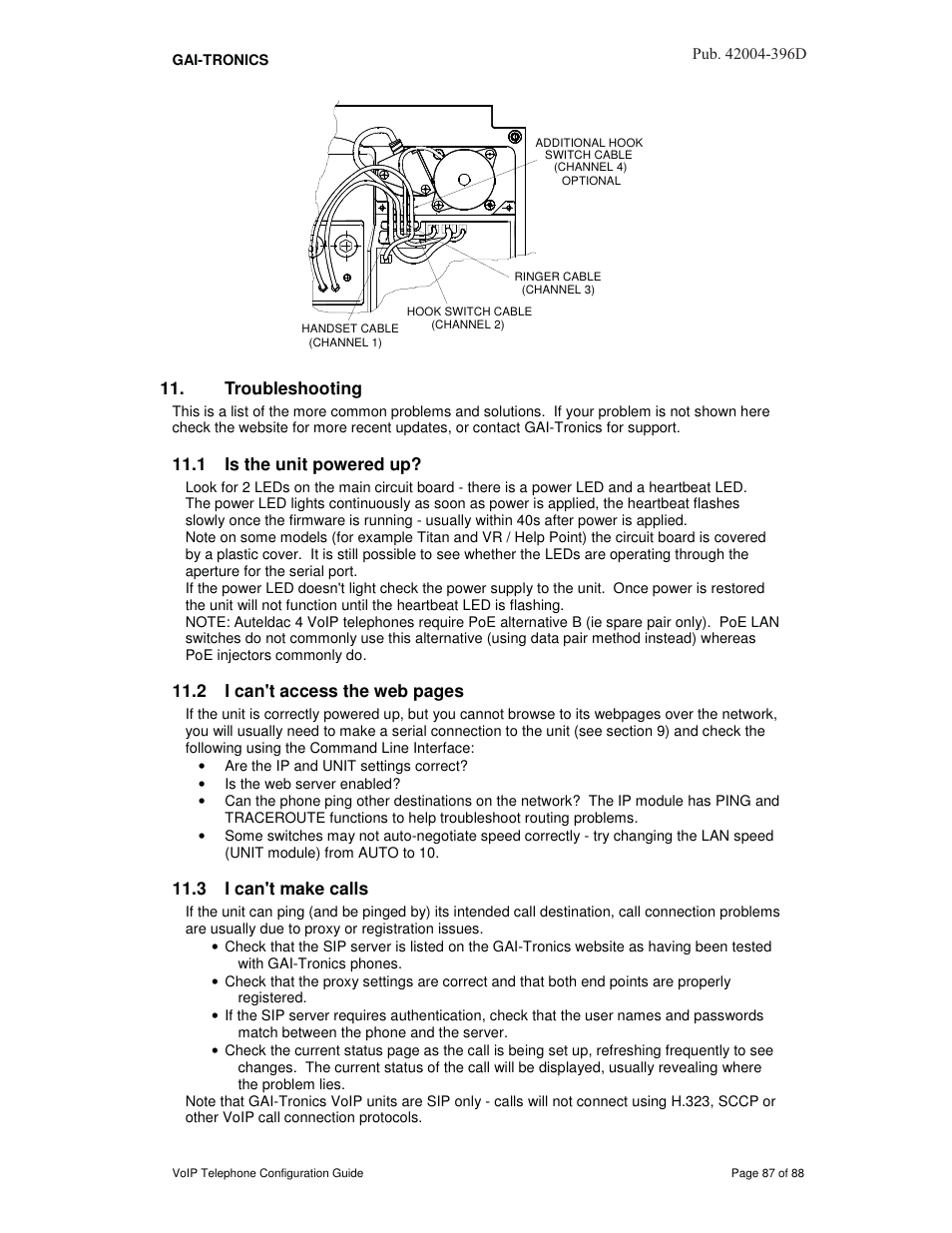 Troubleshooting, 1 is the unit powered up, 3 i can't make calls | 2 i can't access the web pages | GAI-Tronics VoIP Telephone Software Configuration Guide User Manual | Page 87 / 88