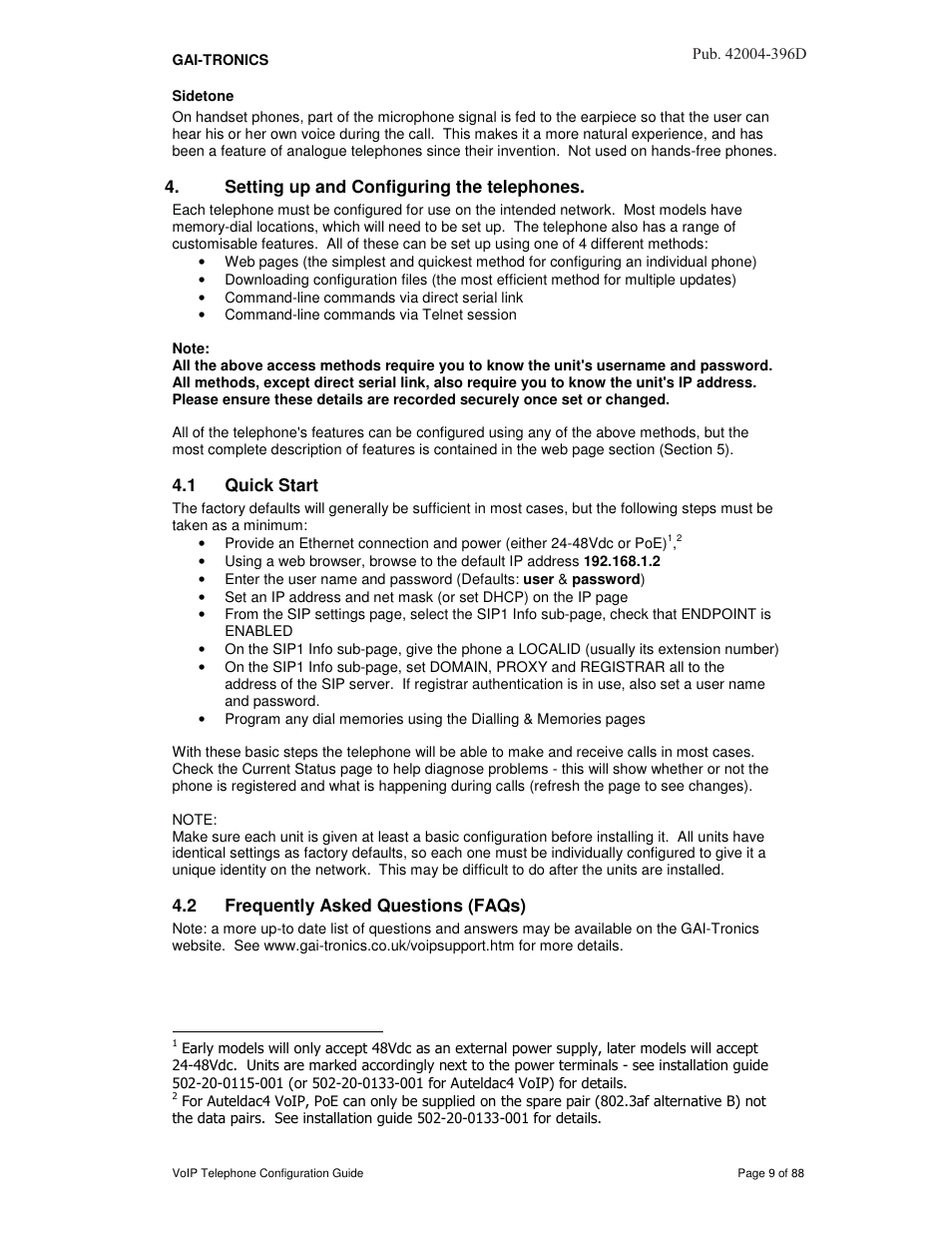 Sidetone, Setting up and configuring the telephones, 1 quick start | 2 frequently asked questions (faqs) | GAI-Tronics VoIP Telephone Software Configuration Guide User Manual | Page 9 / 88