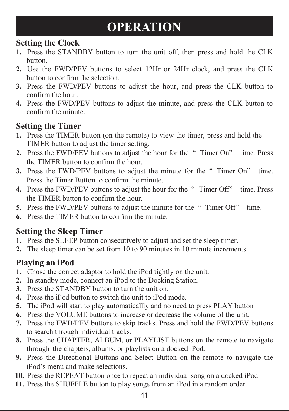 Operation | Curtis iP3019UK User Manual | Page 11 / 16