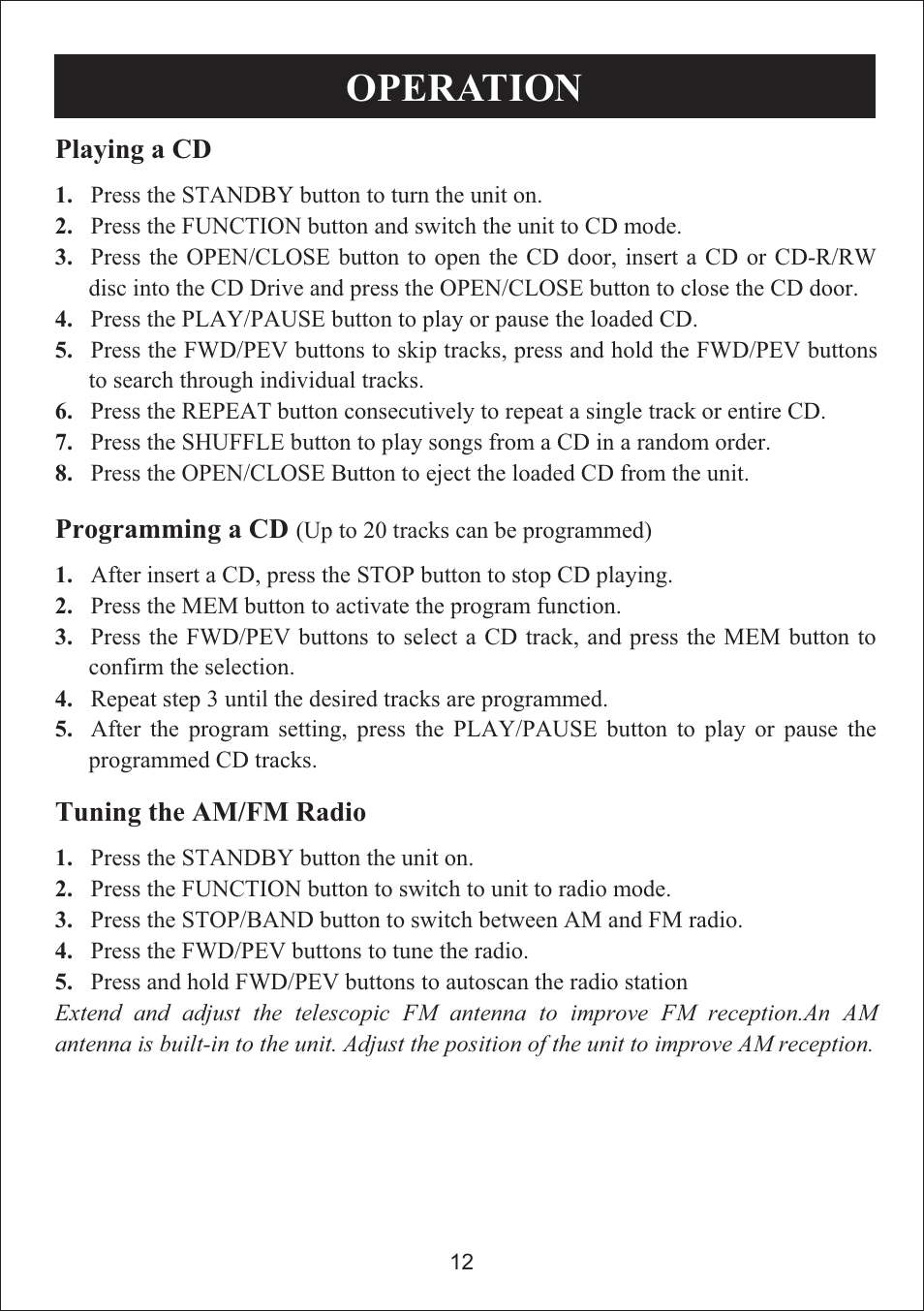 Operation | Curtis iP3019UK User Manual | Page 12 / 16