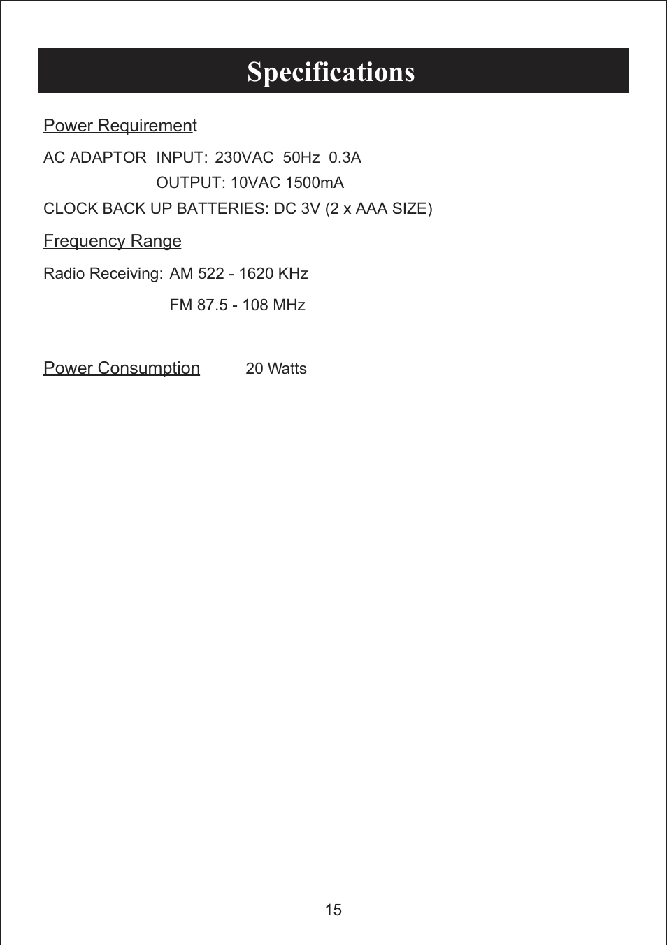 Specifications | Curtis iP3019UK User Manual | Page 15 / 16
