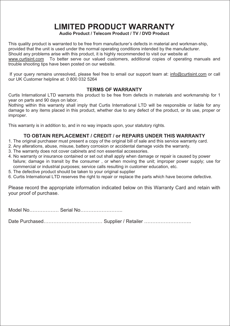 Limited product warranty | Curtis iP3019UK User Manual | Page 16 / 16