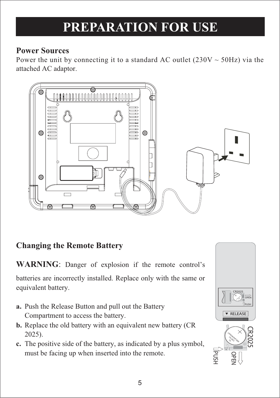 Preparation for use, Power sources, Changing the remote battery warning | Cr2025, Push open | Curtis iP3019UK User Manual | Page 5 / 16