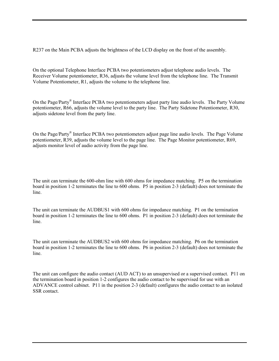 Level adjustments, Display brightness, Phone line levels | Party line levels, Jumper settings, Ohm line termination, Audbus1 termination, Audbus2 termination, Audio contact supervision | GAI-Tronics 10959-201 and 10959-203 Wall-mount Audio Messenger Interface User Manual | Page 13 / 23