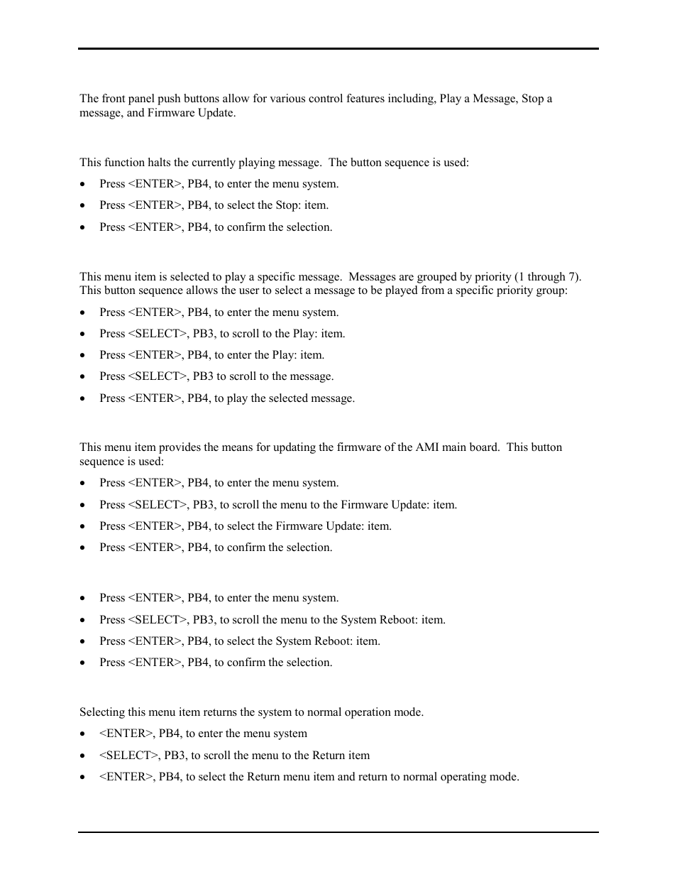 Push-button operation, Stop message, Play message | Firmware update, Reset ami, Return | GAI-Tronics 10959-201 and 10959-203 Wall-mount Audio Messenger Interface User Manual | Page 18 / 23