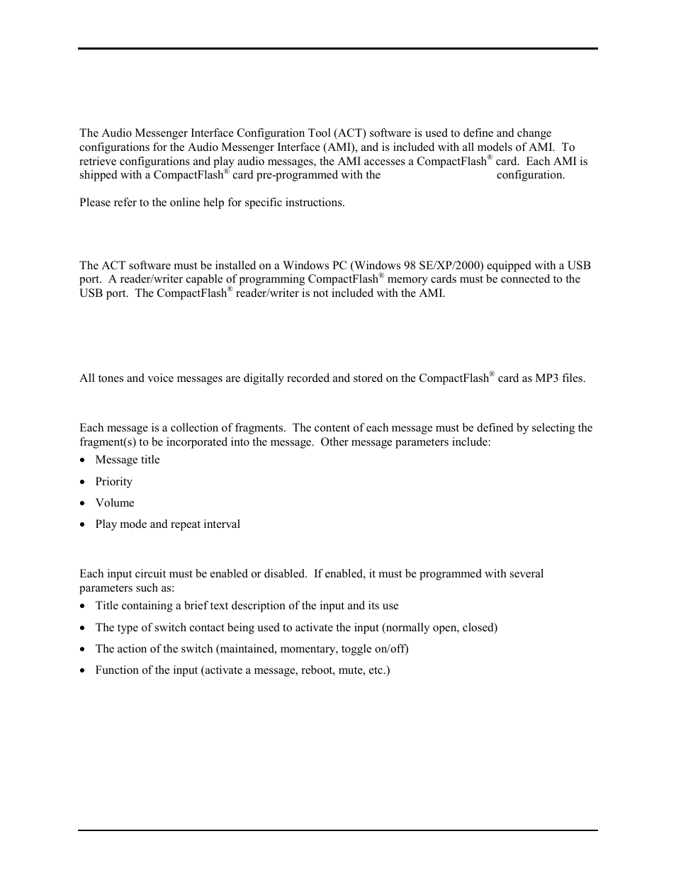 Ami configuration tool (act), Overview, System requirements | Configurable parameters, Fragments, Messages, Inputs | GAI-Tronics 10959-201 and 10959-203 Wall-mount Audio Messenger Interface User Manual | Page 19 / 23