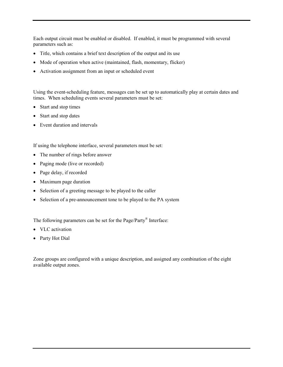 Output, Event scheduling, Optional telephone interface | Optional zone groups | GAI-Tronics 10959-201 and 10959-203 Wall-mount Audio Messenger Interface User Manual | Page 20 / 23