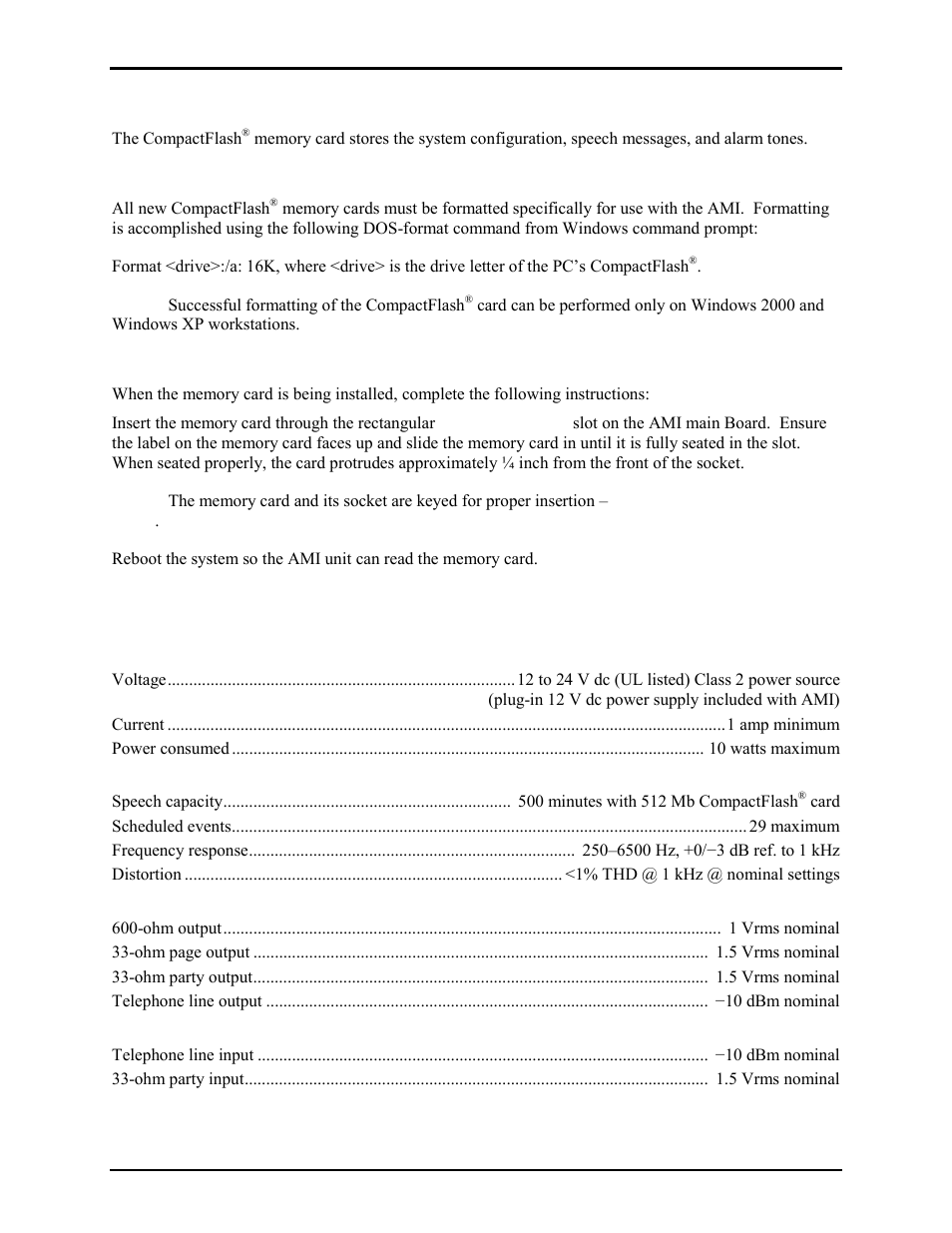 Compactflash, Formatting, Card installation | Specifications | GAI-Tronics 10959-201 and 10959-203 Wall-mount Audio Messenger Interface User Manual | Page 21 / 23