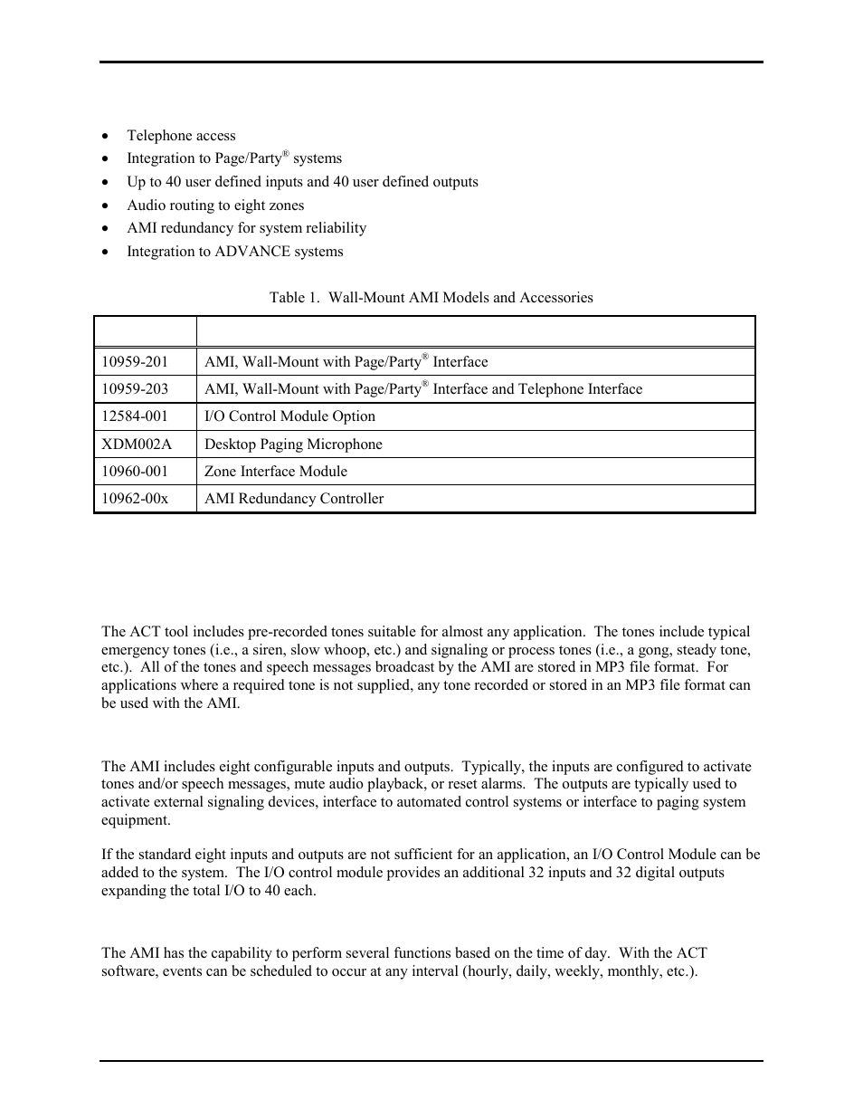 Options, Configurations, Alarms | Inputs/outputs, Timed events | GAI-Tronics 10959-201 and 10959-203 Wall-mount Audio Messenger Interface User Manual | Page 4 / 23