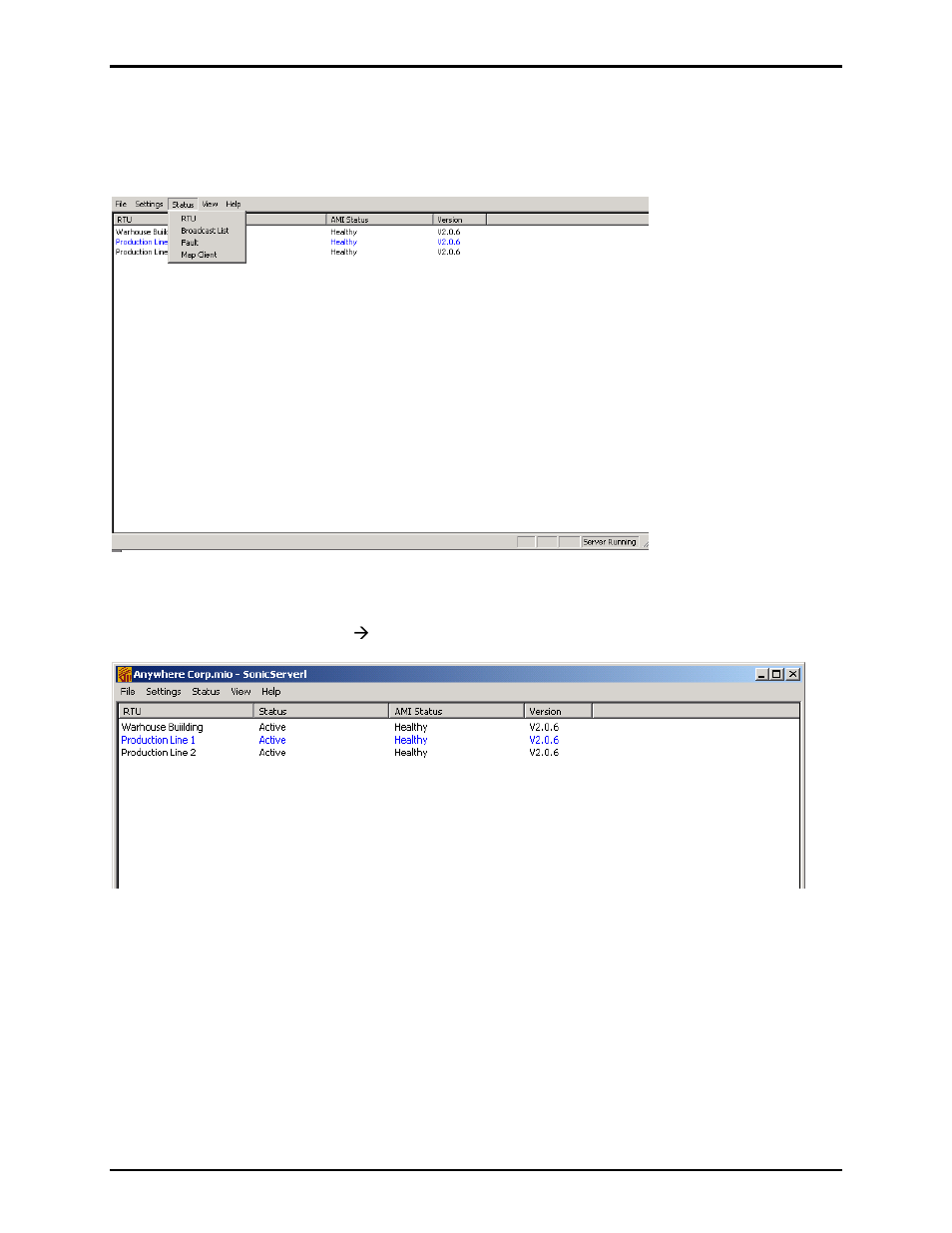 Server status, Rtu status | GAI-Tronics Sonic Alarm Sonic Alarm System Software Programming and User Manual User Manual | Page 60 / 101