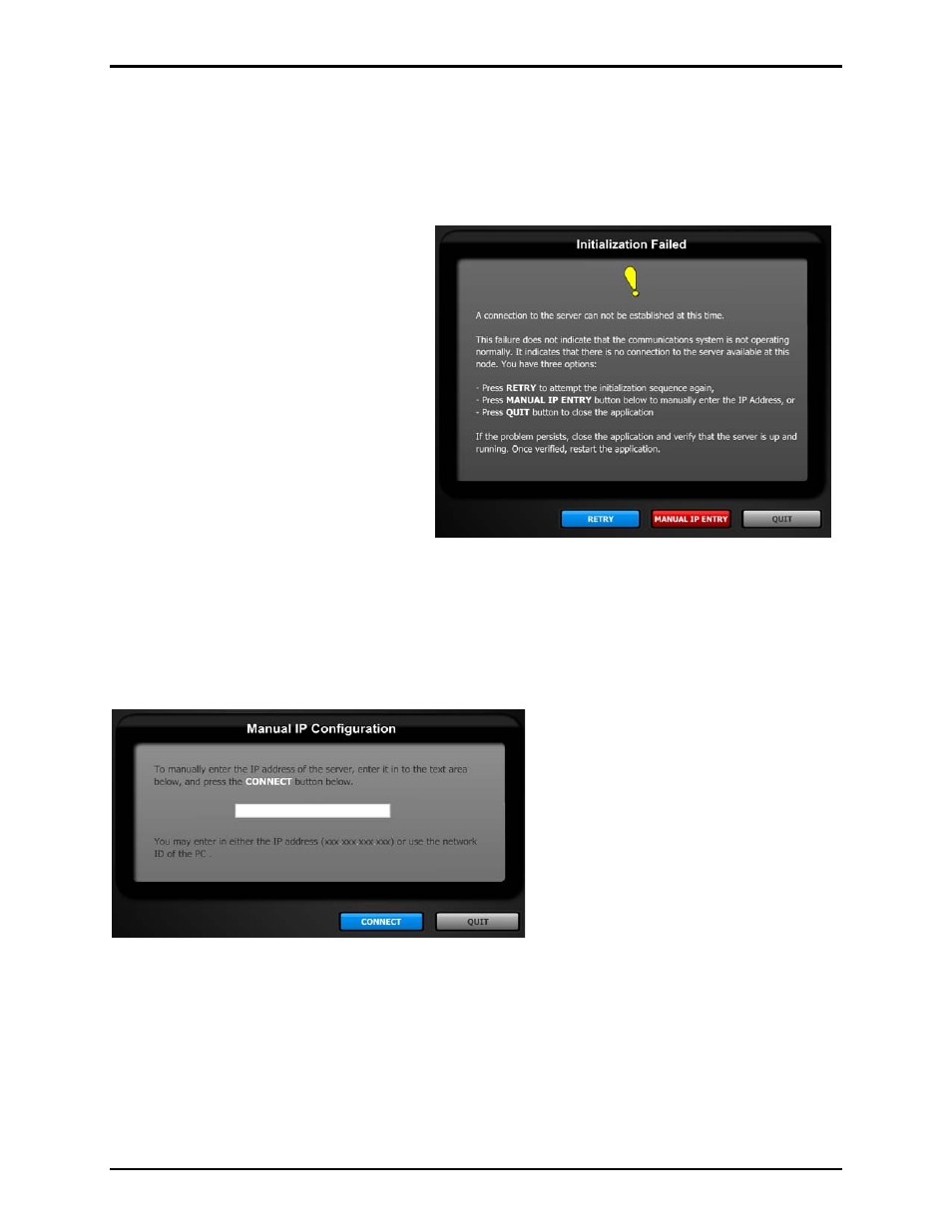 Initialization failed screen, Manual ip configuration | GAI-Tronics Sonic Alarm Sonic Alarm System Software Programming and User Manual User Manual | Page 66 / 101