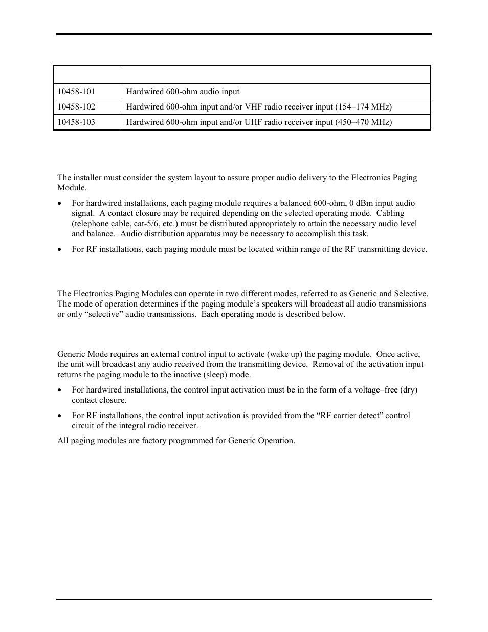 Available models, System layout considerations, Operating modes | Generic operation | GAI-Tronics 10458-101 600-Ohm / RF Electronics Paging Module User Manual | Page 4 / 31