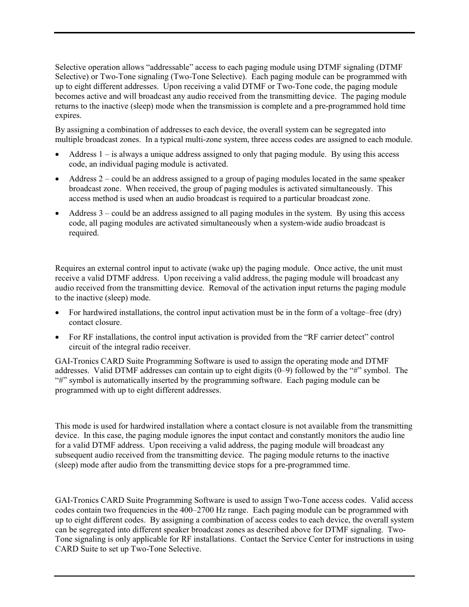 Selective operation, Dtmf selective with manual switch, Dtmf selective with audio switch | Two-tone selective | GAI-Tronics 10458-101 600-Ohm / RF Electronics Paging Module User Manual | Page 5 / 31