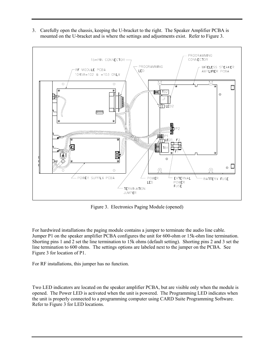 Audio line termination jumper, Led indicators | GAI-Tronics 10458-101 600-Ohm / RF Electronics Paging Module User Manual | Page 8 / 31