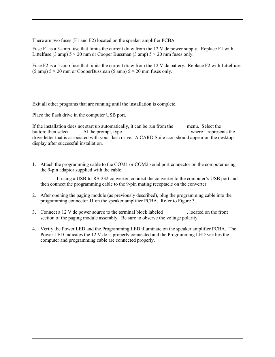 Fuses, Card suite software, Installation | Connecting the programming cable | GAI-Tronics 10458-101 600-Ohm / RF Electronics Paging Module User Manual | Page 9 / 31