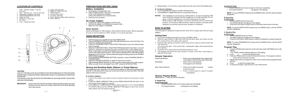 Location of controls, Preparations before using, Radio reception | Disc playing | Curtis CD 290 User Manual | Page 2 / 4