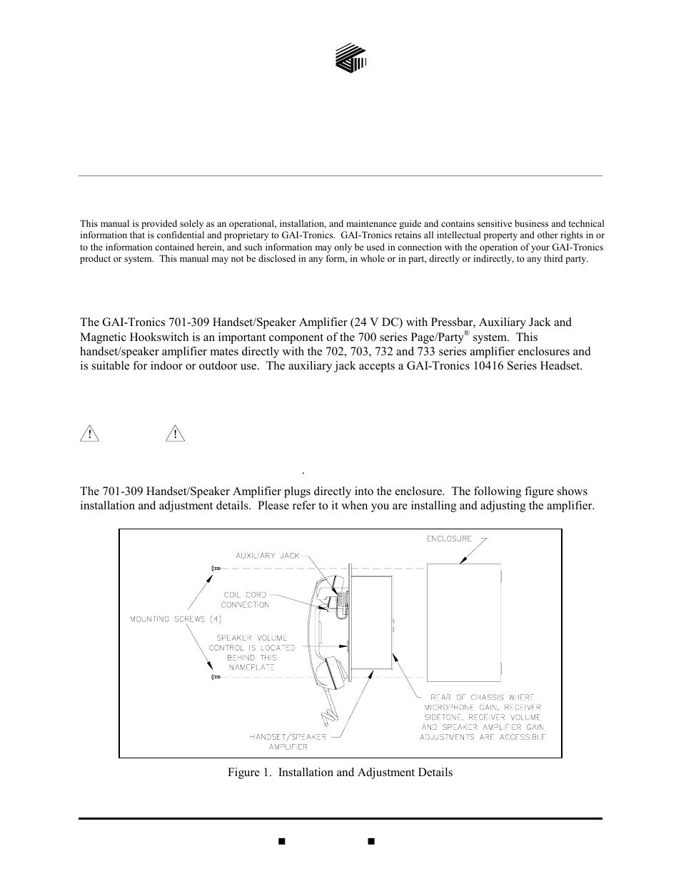 GAI-Tronics 701-309 Page/Party Handset / Speaker Amplifier with Auxiliary Jack (24 V DC) User Manual | 6 pages