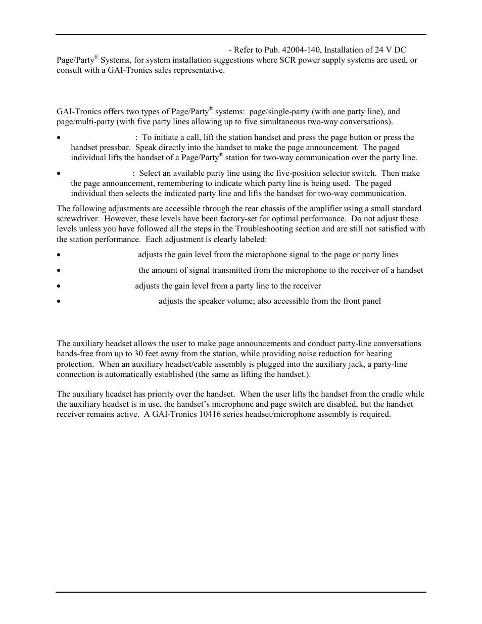 Operation, Auxiliary headset operation | GAI-Tronics 701-309 Page/Party Handset / Speaker Amplifier with Auxiliary Jack (24 V DC) User Manual | Page 2 / 6