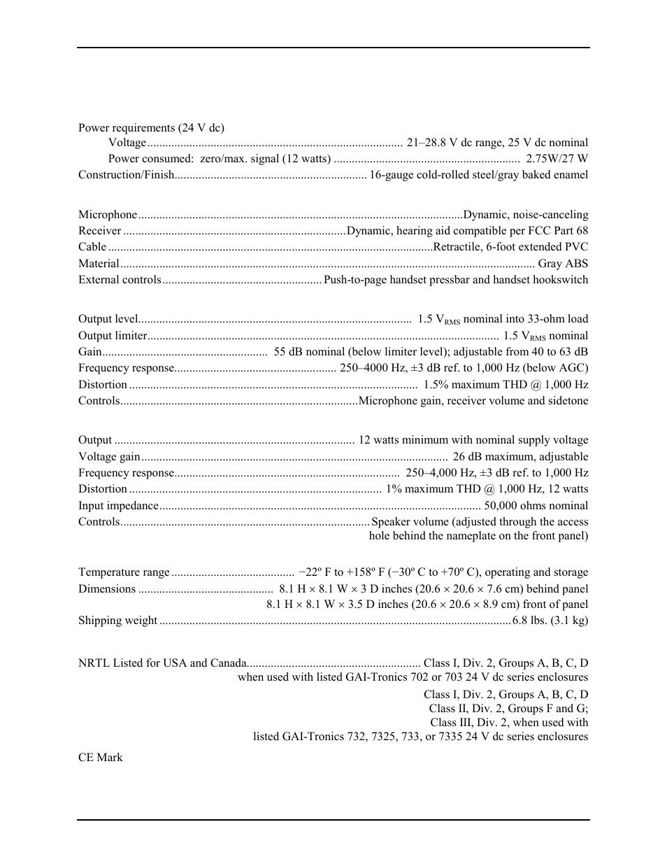 Specifications | GAI-Tronics 701-309 Page/Party Handset / Speaker Amplifier with Auxiliary Jack (24 V DC) User Manual | Page 4 / 6