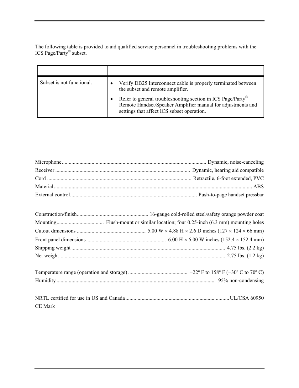 Troubleshooting, Specifications | GAI-Tronics ICS  Page/Party Flush-mount Subset User Manual | Page 5 / 6