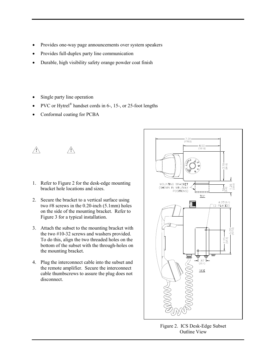 Features and functions, Options, Installation | GAI-Tronics ICS  Page/Party Desk-edge Subset User Manual | Page 2 / 5