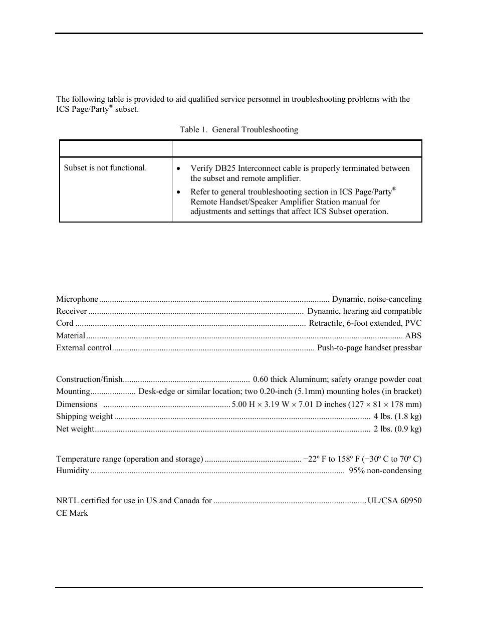 Maintenance, Troubleshooting, Specifications | GAI-Tronics ICS  Page/Party Desk-edge Subset User Manual | Page 4 / 5