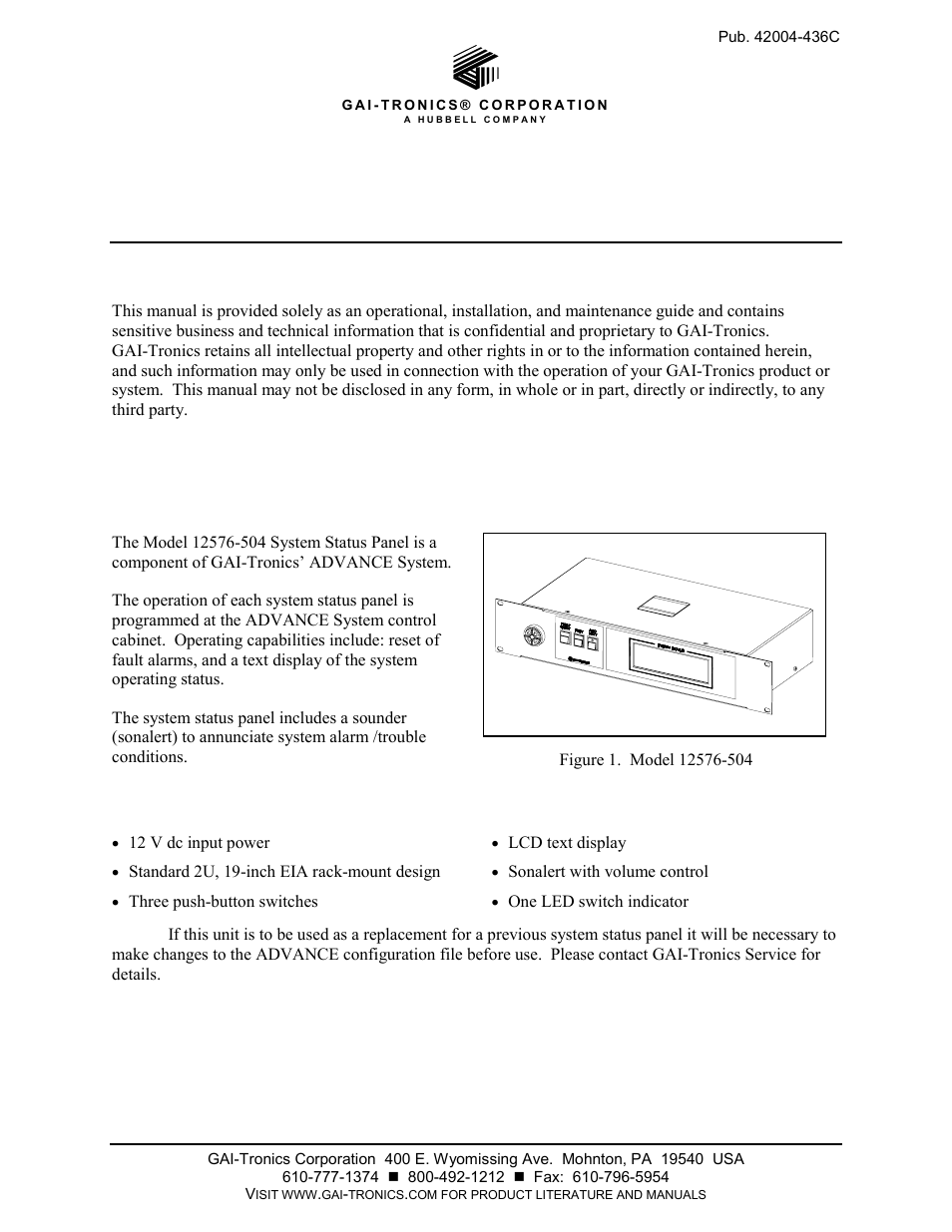 GAI-Tronics 12576-504 Rack-Mount System Status panel with LCD Display User Manual | 10 pages