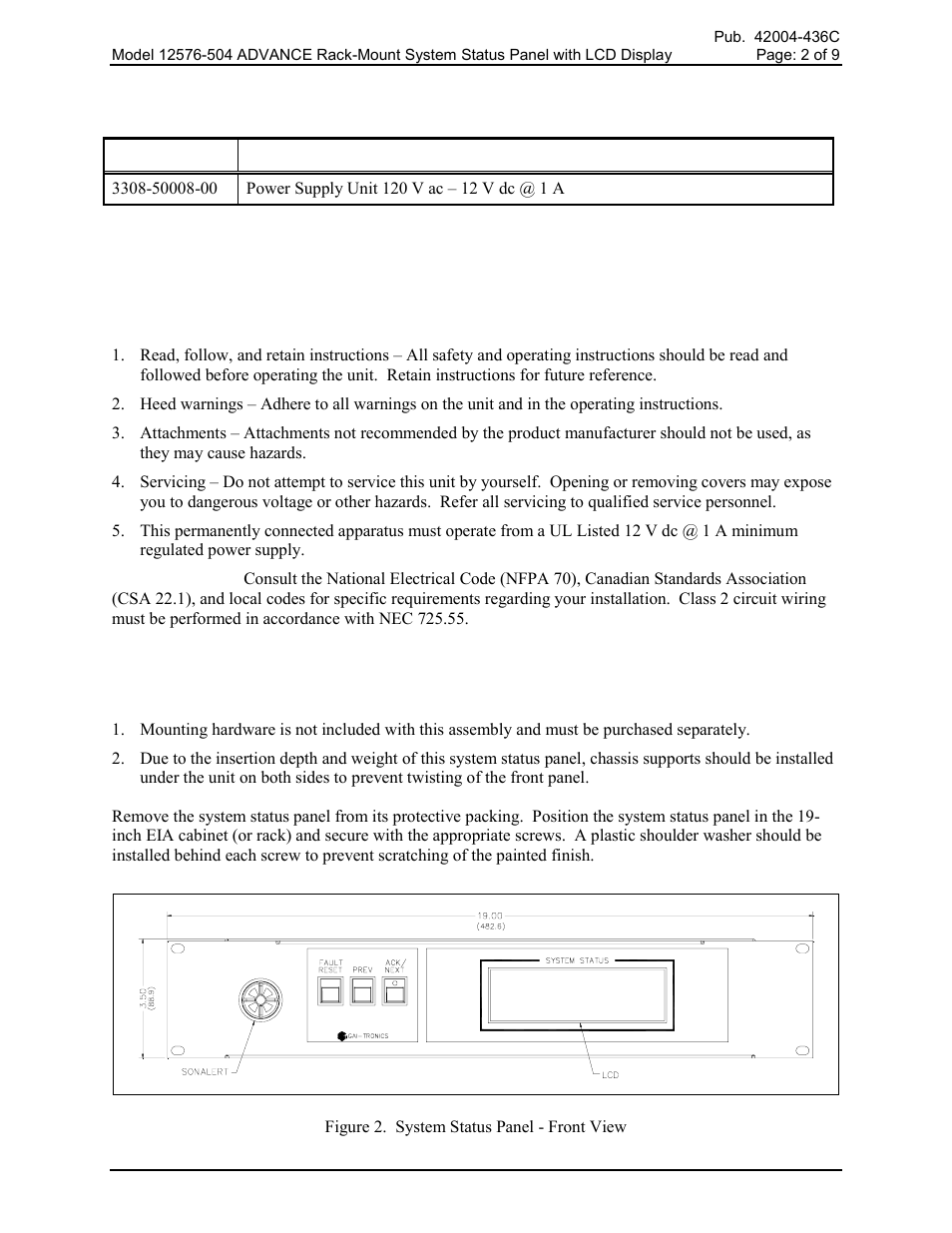Options/accessories, Installation, Important safety instructions | Mounting | GAI-Tronics 12576-504 Rack-Mount System Status panel with LCD Display User Manual | Page 2 / 10