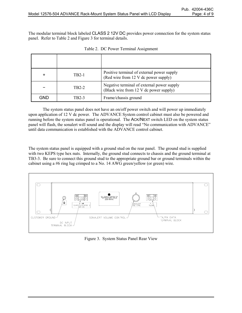 Power, Grounding | GAI-Tronics 12576-504 Rack-Mount System Status panel with LCD Display User Manual | Page 4 / 10