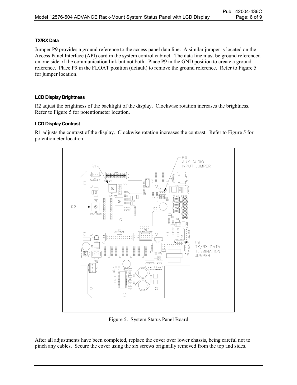 Jumper settings, Tx/rx data, Potentiometer adjustments | Lcd display brightness, Lcd display contrast, Attaching the cover | GAI-Tronics 12576-504 Rack-Mount System Status panel with LCD Display User Manual | Page 6 / 10