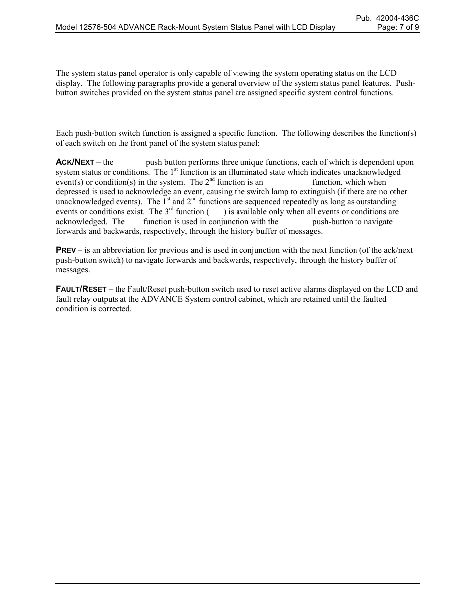 Operation, Push-button switch summary | GAI-Tronics 12576-504 Rack-Mount System Status panel with LCD Display User Manual | Page 7 / 10