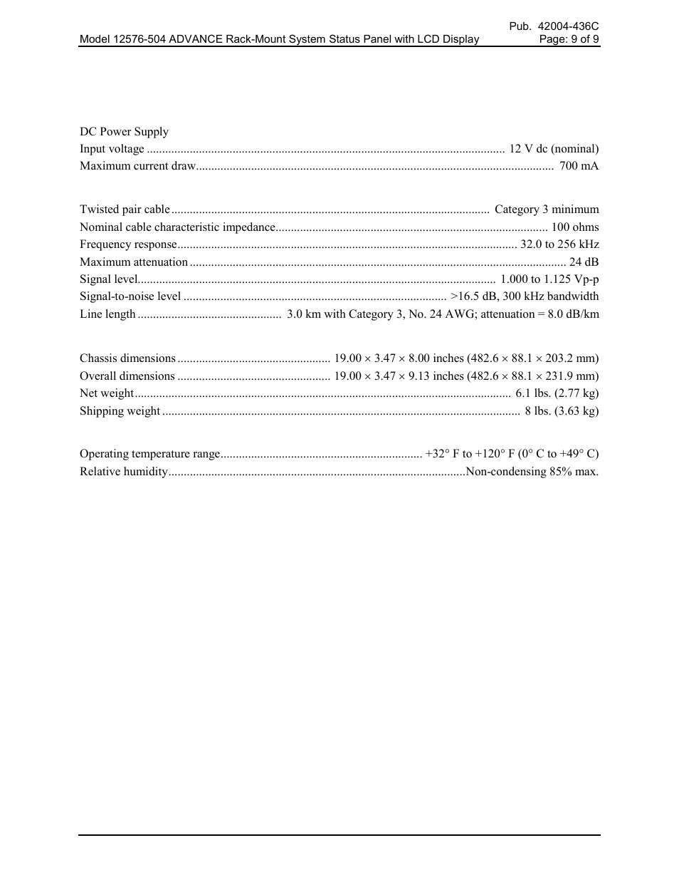 Specifications | GAI-Tronics 12576-504 Rack-Mount System Status panel with LCD Display User Manual | Page 9 / 10