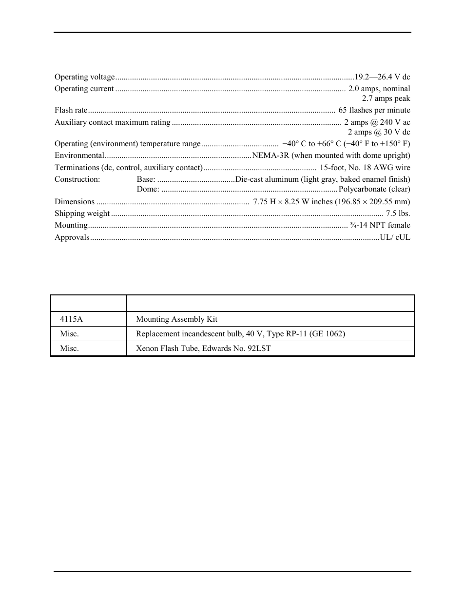 Specifications, Accessories/ replacement parts | GAI-Tronics 531A Strobe with Constant-on Feature User Manual | Page 3 / 4